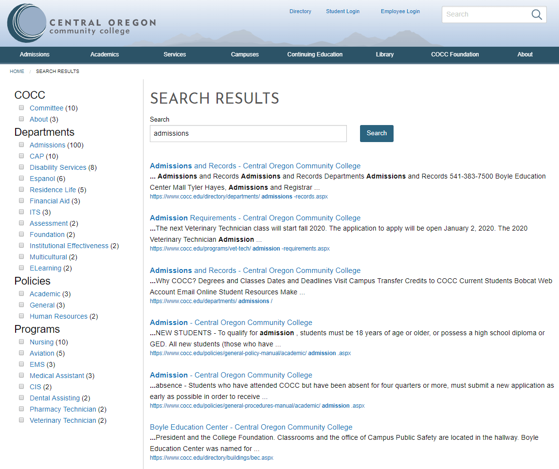 Modern Campus customer Central Oregon Community Colleges uses Omni CMS Search module on its website.